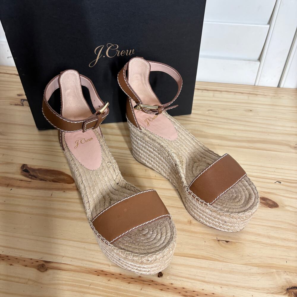 J Crew Size 7 Leather Flatform Wedge Espadrilles Burnished Pecan Brown Heel - Picture 3 of 12